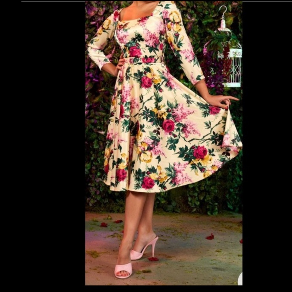 Pinup Couture RARE Yellow Floral Midi Dress with Pink & Green Bouquet Print